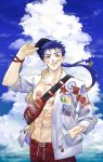  1boy alternate_costume blooming_yuki blue_hair bodypaint bracelet closed_mouth cloud cu_chulainn_(fate)_(all) cu_chulainn_alter_(fate/grand_order) dark_persona earrings expressionless facepaint fate/grand_order fate_(series) hand_in_pocket highres jewelry long_hair looking_at_viewer male_focus male_swimwear muscular open_clothes open_shirt ponytail red_eyes removing_hat sharp_teeth short_sleeves sky solo spiked_hair swim_trunks swimwear teeth type-moon under_the_same_sky 