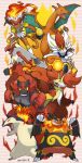  absurdres blaziken charizard cinderace commentary_request creature delphox emboar enishi_(menkura-rin10) gen_1_pokemon gen_2_pokemon gen_3_pokemon gen_4_pokemon gen_5_pokemon gen_6_pokemon gen_7_pokemon gen_8_pokemon highres incineroar infernape looking_at_viewer no_humans pokemon pokemon_(creature) signature striped striped_background typhlosion 