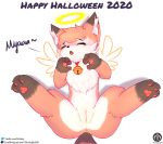  anthro bell blush canid canine english_text female fox genitals halloween halo hi_res holiday_message holidays lying mammal nia_(senz) paws pussy scarf senz solo text url wings 