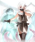  1girl absurdres bangs bare_shoulders black_gloves black_legwear black_shirt blue_eyes commentary_request eyebrows_visible_through_hair frozen gloves glowing glowing_eyes hair_between_eyes highres holding holding_sword holding_weapon ice katana kuji-in mask mouth_mask ninja non_(wednesday-classic) original red_eyes revision scarf sheath sheathing shirt sleeveless sleeveless_shirt solo_focus standing sword tentacles thighhighs weapon white_hair white_scarf 