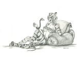  anthro baron_engel claws coiling convenient_censorship dreamworks felid feline female feral flower_on_head fur kung_fu_panda mammal markings master_tigress master_viper nude pantherine pillow reclining reptile scalie snake striped_body striped_fur stripes tiger toe_claws 