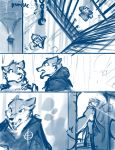 2020 angry anthro blue_and_white bottomwear brutus_(twokinds) canid canine canis chain cloak clothing clovis_(twokinds) conditional_dnp dungeon facial_hair footwear fox group inside looking_up male mammal monochrome nude open_mouth pants prison robe shackles sitting sketch smile standing tom_fischbach twokinds webcomic webcomic_character wolf 