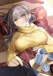  1boy 1girl bangs blonde_hair blush breasts choko_(cup) closed_mouth couple cup eyebrows_visible_through_hair hand_on_own_stomach jewelry kotatsu large_breasts long_hair looking_at_viewer lying on_back original pillow pov ring silver_hair sleeve_tug smile solo_focus sweater table tan_(tangent) tokkuri turtleneck turtleneck_sweater under_kotatsu under_table wedding_band wooden_floor yellow_sweater 