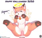  anthro bell blush canid canine duo english_text female female_penetrated fox genitals halloween halo hi_res holiday_message holidays lying male male/female male_penetrating male_penetrating_female mammal nia_(senz) paws penetration penis pussy scarf senz sex text url vaginal vaginal_penetration wings 