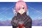  1girl 2021 animal_on_shoulder bangs black_jacket black_scarf blush breasts commentary_request cup eyebrows_visible_through_hair fate/grand_order fate_(series) fou_(fate/grand_order) hair_over_one_eye holding holding_cup jacket large_breasts long_sleeves looking_at_viewer mash_kyrielight nerua open_mouth pink_hair plaid plaid_scarf portrait purple_eyes scarf short_hair smile steam upper_teeth 