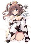  1girl alternate_costume animal_ears animal_print bell blue_eyes blush breasts brown_hair chinese_zodiac closed_mouth collar cow_ears cow_girl cow_horns cow_print dated elbow_gloves eyebrows_visible_through_hair gloves hair_between_eyes hair_ornament horns huge_breasts kantai_collection long_hair looking_at_viewer odawara_hakone ponytail saratoga_(kantai_collection) side_ponytail sidelocks sitting smokestack sweat thighhighs translation_request 
