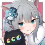  1girl amashiro_natsuki animal_ears aqua_eyes bangs blue_eyes blush bow cat_ears cat_girl cat_hair_ornament closed_mouth commentary_request face fang fur_collar grey_hair hair_ornament highres holding long_hair looking_at_viewer nacho_(amashiro_natsuki) original smile two_side_up 