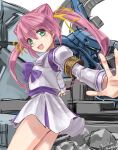  1girl armband artist_name bangs blush bow double_bun eyebrows_visible_through_hair floating_hair fubuki_(muvluv) green_eyes gun hakuryou_high_school_uniform highres holding holding_gun holding_weapon juliet_sleeves jun_(rellik_&amp;_redrum) long_sleeves looking_ahead mecha muvluv muvluv_alternative muvluv_alternative_(anime) open_hand open_mouth pink_hair puffy_sleeves purple_bow school_uniform science_fiction serafuku sketch skirt smile tactical_surface_fighter tamase_miki twintails visor weapon white_background white_skirt 