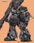  bazooka_(gundam) clenched_hand dom glowing glowing_eye gun gundam holding holding_gun holding_weapon looking_ahead mecha mobile_suit_gundam no_humans one-eyed orange_background red_eyes redesign science_fiction shisaton. solo standing weapon zeon 