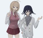  1boy 1girl ahoge akamatsu_kaede bangs black_hair blonde_hair breasts checkered checkered_scarf collared_shirt commentary_request cowboy_shot danganronpa_(series) danganronpa_v3:_killing_harmony frown hair_between_eyes hair_ornament hand_up highres index_finger_raised iumi_urura jacket large_breasts long_fingers long_hair long_sleeves looking_at_viewer miniskirt musical_note musical_note_hair_ornament necktie open_mouth ouma_kokichi pants pink_sweater_vest pleated_skirt purple_eyes scarf shirt simple_background sixteenth_note skirt sweater_vest upper_teeth white_background white_jacket white_shirt 
