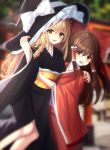  2girls absurdres alternate_costume alternate_hairstyle arm_around_back arm_up black_headwear black_kimono blonde_hair blurry blurry_background blurry_foreground braid brown_hair commentary_request day dutch_angle eyebrows_visible_through_hair feet_out_of_frame hair_between_eyes hair_ribbon hair_tubes hakurei_reimu hand_on_another&#039;s_shoulder hand_on_another&#039;s_waist hand_on_headwear hat hat_ribbon highres japanese_clothes kimono kirisame_marisa kure:kuroha leaning_back long_hair long_sleeves looking_at_viewer multiple_girls obi open_mouth outdoors partial_commentary red_eyes red_kimono ribbon sash sidelocks single_braid torii touhou upper_teeth very_long_hair wide_sleeves witch_hat yellow_eyes 