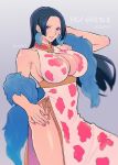  1girl armpit_peek black_hair blue_eyes blue_scarf blush boa_hancock breasts character_name dress earrings highres jewelry large_breasts long_hair looking_at_viewer one_piece open_mouth pink_nails scarf sideboob solo thighs twitter_username underboob youkan_(tako) 