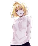  1girl :d absurdres arcueid_brunestud arms_behind_back bangs blonde_hair breasts check_commentary commentary_request eyebrows_visible_through_hair from_below head_tilt highres long_sleeves looking_at_viewer medium_breasts napata open_mouth red_eyes short_hair sketch smile solo sweater tsukihime turtleneck turtleneck_sweater upper_body white_background white_sweater 