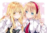  2girls :o alice_margatroid bangs blonde_hair blue_eyes blush border bow breasts capelet closed_mouth commentary_request eyebrows_visible_through_hair hair_between_eyes hair_bow hair_ribbon hairband index_finger_raised interlocked_fingers juliet_sleeves kirisame_marisa large_breasts lolita_hairband long_hair long_sleeves multiple_girls nanase_nao outside_border pink_background puffy_sleeves red_hairband red_neckwear ribbon short_hair sidelocks simple_background small_breasts smile starry_background touhou tress_ribbon upper_body v v-shaped_eyebrows white_border white_bow white_capelet yellow_eyes 