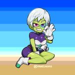  1girl bodysuit boots breasts cheelai cleavage colored_skin dragon_ball dragon_ball_super dragon_ball_super_broly full_body gloves green_skin hand_up medium_breasts mike_luckas ok_sign parted_lips purple_bodysuit purple_eyes scouter short_hair short_sleeves smile solo white_footwear white_gloves white_hair 