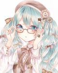  1girl :o adjusting_eyewear aqua_hair aqua_nails blue_eyes bow brown_bow brown_headwear commentary eyebrows_visible_through_hair frilled_cuffs frills glasses hair_between_eyes hair_bow hair_ribbon hat hatsune_miku highres jewelry long_sleeves looking_at_viewer marker_(medium) open_mouth paruno ribbon ring solo striped striped_bow striped_ribbon traditional_media twintails vocaloid 