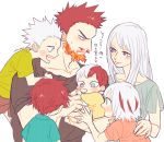  2girls baby beard biting boku_no_hero_academia brother_and_sister child facial_hair family finger_biting fire grey_eyes heterochromia imai_(wana) long_hair lying_on_person multicolored_hair multiple_boys multiple_girls red_hair short_hair siblings signature simple_background smile spiked_hair todoroki_enji todoroki_fuyumi todoroki_natsuo todoroki_rei todoroki_shouto todoroki_touya white_background white_hair younger 