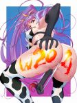  1girl 2021 absurdres animal_ears animal_print ass bikini bikini_top blue_hair blush bottomless breasts chinese_zodiac cow_ears cow_girl cow_horns cow_print cow_tail don_(rg06268) from_behind highlights highres horns large_breasts long_hair looking_at_viewer looking_back macross macross_delta mikumo_guynemer multicolored_hair partially_visible_vulva print_bikini purple_hair red_eyes shiny shiny_hair shiny_skin solo sweat swimsuit tail tail_pull thighhighs very_long_hair year_of_the_ox 
