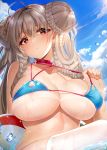  1girl ahoge alternate_costume areola_slip areolae azur_lane bangs bikini bikini_tug blue_bikini blush braid braided_bun breasts choker cleavage double_bun eyebrows_visible_through_hair formidable_(azur_lane) formidable_(the_lady_of_the_beach)_(azur_lane) highres huge_breasts long_hair looking_at_viewer nelf outdoors red_eyes revision single_thighhigh solo swimsuit tan tanline thighhighs very_long_hair wet 