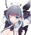  1girl :3 ;3 absurdres animal_ears aqua_eyes aqua_hair azur_lane breasts cheshire_(azur_lane) cleavage eyebrows_visible_through_hair fake_animal_ears fang frilled_hairband frilled_headband frills grey_hair hairband highres large_breasts looking_at_viewer maid maid_headdress multicolored_hair one_eye_closed simple_background solo streaked_hair uesi_hibana white_background 