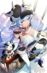  1girl animal_costume animal_ears bangs bow breasts cleavage cow_costume cow_ears cow_girl cow_tail draph ear_piercing eyebrows_visible_through_hair feb_itk granblue_fantasy half-closed_eyes highres horns large_breasts light_blue_hair long_hair looking_at_viewer nose_piercing nose_ring orange_eyes piercing pointy_ears see-through shatola_(granblue_fantasy) short_eyebrows tail thighhighs white_bow white_horns white_legwear 