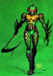  1boy claws dripping green_theme holding holding_weapon kamen_rider kamen_rider_amazons male_focus mask nao_yuki red_eyes sickle signature solo tokusatsu walking weapon 
