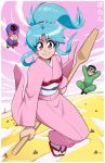  1girl 2boys aqua_hair artist_name botan_(yuu_yuu_hakusho) flying highres japanese_clothes kimono koenma long_sleeves mike_luckas multiple_boys oar object_riding pink_eyes pink_kimono pink_sky ponytail red_footwear sandals shadow sidesaddle socks solo_focus urameshi_yuusuke yuu_yuu_hakusho 