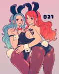  2girls animal_ears ass bangs blue_eyes blue_hair blush breasts bunny_ears bunny_tail collar earrings eyes_visible_through_hair fake_animal_ears fake_tail highres jewelry large_breasts licking_lips long_hair multiple_girls nami_(one_piece) nefertari_vivi one_piece open_mouth orange_eyes orange_hair pantyhose pink_nails playboy_bunny red_nails sideboob tail tattoo tongue tongue_out twitter_username youkan_(tako) 