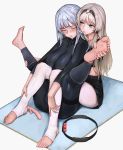  2girls absurdres ak-12_(girls_frontline) an-94_(girls_frontline) breasts bunny_vibrator controller dildo feet foot_focus foot_hold game_controller girls_frontline highres hug hug_from_behind joy-con legs_up long_hair medium_breasts multiple_girls ring-con ring_fit_adventure sex_toy short_hair silver_hair soles spread_legs stirrup_legwear toeless_legwear toes vibrator westking yuri 