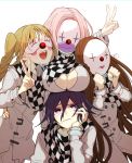  1boy 3girls :d blonde_hair blush_stickers braid breast_rest breasts breasts_on_head brown_hair checkered checkered_scarf cheek_rest cleavage clenched_hands commentary_request danganronpa_(series) danganronpa_v3:_killing_harmony facing_down highres jacket kitsunebi_v3kokonn large_breasts lips long_hair looking_up mask multiple_girls open_mouth ouma_kokichi purple_eyes purple_hair scarf simple_background smile straitjacket upper_teeth v very_long_hair white_background white_hair white_jacket 
