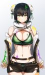  1girl bikini bikini_under_clothes black_hair breasts bun_cover chainsaw_of_the_dead double_bun fate/grand_order fate_(series) gin_moku gradient gradient_background green_eyes highres large_breasts off-shoulder_jacket paint_splatter qin_liangyu_(fate) short_shorts shorts swimsuit torn_clothes torn_shorts 