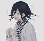  +_+ 1boy :d bangs black_hair checkered checkered_scarf commentary_request danganronpa_(series) danganronpa_v3:_killing_harmony from_side grey_background grey_jacket hair_between_eyes highres iumi_urura jacket long_sleeves male_focus open_mouth ouma_kokichi purple_eyes scarf short_hair smile solo sparkle upper_body upper_teeth 
