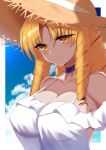  1girl blonde_hair blue_choker blue_sky blush border breasts choker cleavage cloud coyomin dress drill_hair eyebrows_visible_through_hair fate_(series) hat highres large_breasts luviagelita_edelfelt outside_border see-through_dress sky solo spaghetti_strap strap_gap straw_hat sundress twin_drills upper_body white_border yellow_eyes 