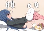  2girls blue_hair blush bottomless clothed_sex cunnilingus eyebrows_visible_through_hair highres kagamihara_nadeshiko long_hair lying miruzawa_akechi multiple_girls on_back oral pajamas pillow pink_hair shima_rin simple_background translated yuri yurucamp 