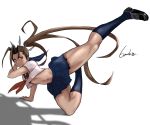  1girl 6maker absurdres antenna_hair between_fingers black_footwear blue_legwear breasts brown_hair commentary_request crop_top full_body highres holding holding_weapon ibuki_(street_fighter) kicking kunai loafers long_hair midriff muscular muscular_female official_alternate_costume ponytail school_uniform shoes skirt small_breasts socks solo street_fighter street_fighter_v thick_thighs thighs underboob very_long_hair weapon 
