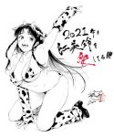  1girl 2021 :d animal_ears animal_print arm_up armpits banned_artist blush braid breasts commentary_request cow_ears cow_print detached_sleeves fake_animal_ears greyscale highres hong_meiling kamiyama_aya kneehighs kneeling large_breasts long_hair looking_at_viewer monochrome navel open_mouth signature smile solo teeth touhou twin_braids upper_teeth 