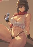  1girl abs bare_shoulders black_gloves black_hair blue_eyes breasts brown_background cleavage fingerless_gloves gloves highres large_breasts mikasa_ackerman muscular muscular_female red_scarf scarf shexyo shingeki_no_kyojin short_hair simple_background sitting solo thick_thighs thighs toned 