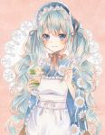  :3 apron aqua_hair blue_hair blue_headwear blue_kimono bonnet brown_ribbon closed_mouth commentary doily floral_print food frilled_apron frilled_bonnet frills grey_ribbon hair_between_eyes hatsune_miku highres holding holding_food japanese_clothes kimono long_sleeves marker_(medium) parfait paruno pink_background ribbon smile traditional_media twintails vocaloid white_apron wide_sleeves 