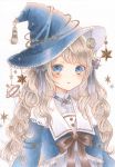  1girl :o blue_eyes brown_ribbon copyright_request curly_hair frills hair_ribbon hat highres light_brown_hair making-of_available marker_(medium) open_mouth paruno ribbon shirt solo star_(symbol) striped tassel traditional_media white_background white_shirt witch_hat 