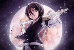  1girl arm_warmers black_hair bleach cowboy_shot eyebrows full_moon hair_between_eyes highres huksly katana kuchiki_rukia looking_at_viewer moon night over_shoulder purple_eyes shinigami short_hair smile snow sword weapon weapon_over_shoulder wide_sleeves zanpakutou 