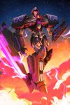  1boy aaatsushi absurdres arm_blade decepticon electricity floating glowing glowing_eyes highres looking_down male_focus mecha megatron no_humans open_hand red_eyes solo symbol_commentary the_transformers_(idw) transformers weapon 