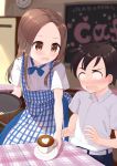  1boy 1girl blue_ribbon blurry blurry_background blush brown_eyes brown_hair cafe checkered_apron coffee_cup cup disposable_cup forehead highres karakai_jouzu_no_takagi-san long_hair nishikata open_mouth patterned_clothing ribbon school_uniform shirt short_hair short_sleeves smile table tablecloth takagi-san wari_(nirodo26) white_shirt 