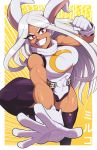  1girl abs animal_ears black_legwear boku_no_hero_academia bunny_ears clenched_hand dark_skin dark_skinned_female gloves halftone halftone_background highres leg_up leotard long_hair looking_at_viewer mike_luckas mirko muscular muscular_female parted_lips rabbit_girl red_eyes sleeveless smile solo thighhighs very_long_hair white_gloves white_hair white_leotard yellow_background 
