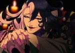  1boy ashiya_douman_(fate) asymmetrical_clothes asymmetrical_hair bell black_eyes black_hair blurry blurry_background candle close-up curly_hair dark earrings evil_eyes evil_smile face fate/grand_order fate_(series) fingernails green_eyeshadow green_kimono green_lipstick green_nails hair_bell hair_between_eyes hair_intakes hair_ornament highres japanese_clothes jewelry kimono lipstick long_hair looking_at_viewer magatama magatama_earrings makeup male_focus multicolored_hair nakaichi-kun_(sntgr_nk1) ribbed_sleeves sharp_fingernails skull smile solo two-tone_hair very_long_fingernails very_long_hair white_hair 