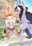  2girls akitsu_taira animal_ears antelope_ears antelope_horns badminton_racket black_cape black_hair black_legwear blackbuck_(kemono_friends) boots bow bowtie brown_legwear brown_shirt brown_skirt cape center_frills dhole_(kemono_friends) dog_ears dog_girl dog_tail extra_ears eyebrows_visible_through_hair frilled_shorts frills gloves kemono_friends kemono_friends_3 light_brown_hair multicolored_hair multiple_girls official_art pantyhose pleated_skirt puffy_shorts racket red_eyes shirt shorts shuttlecock skirt sleeveless tail thighhighs two-tone_hair two-tone_legwear two-tone_shirt white_footwear white_gloves white_hair white_legwear white_neckwear white_shirt yellow_eyes zettai_ryouiki 