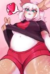  &lt;3 2020 anthro bottomwear breasts clothing countershading female green_eyes hair hi_res lagomorph leporid low-angle_view mammal navel open_mouth pawberry rabbit shirt shorts simple_background smile solo topwear white_countershading white_hair 