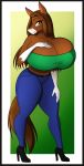  2020 absurd_res anthro belt big_breasts black_border border bottomwear breasts brown_body brown_fur brown_hair cleavage clothed clothing denim denim_clothing digital_media_(artwork) equid equine female footwear fur hair hi_res high_heels horse huge_breasts jeans legwear long_hair looking_at_viewer mammal midriff navel pants phoebe_dawson_(lildredre) shoes simple_background smile solo standing thick_thighs topwear tube_top white_body white_fur xwingedvixenx 