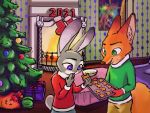  4:3 anthro canid canine christmas christmas_stocking christmas_tree clothed clothing cookie detailed_background disney duo female fire fireplace food fox fully_clothed fur green_eyes grey_body grey_fur holding_food holding_object holidays inside judy_hopps judyhopps44 lagomorph leporid male mammal nick_wilde open_mouth open_smile plant purple_eyes rabbit red_fox smile standing tree zootopia 