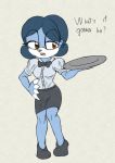  anthro blue_body blue_fur blue_hair bottomwear bow_tie brown_eyes clothing dress_shirt fan_character female footwear fours_(artist) fur hair hi_res holding_plate looking_aside mammal pilosan sage_the_sloth server shirt shoes skirt sloth solo sonic_the_hedgehog_(series) topwear waiter xenarthran 