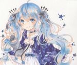  1girl black_ribbon blue_choker blue_eyes blue_hair blue_ribbon choker closed_mouth fingerless_gloves fuyu_no_yoru_miku gloves grey_gloves grey_ribbon hair_between_eyes hair_ornament hair_ribbon hatsune_miku long_hair marker_(medium) paruno pom_pom_(clothes) ribbon smile solo star_(symbol) star_choker striped traditional_media twintails vocaloid 